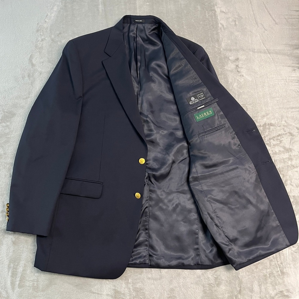 Lauren Ralph Lauren Mens Navy 100% Wool 2 Gold Button Blazer Sport Coat 44L EUC